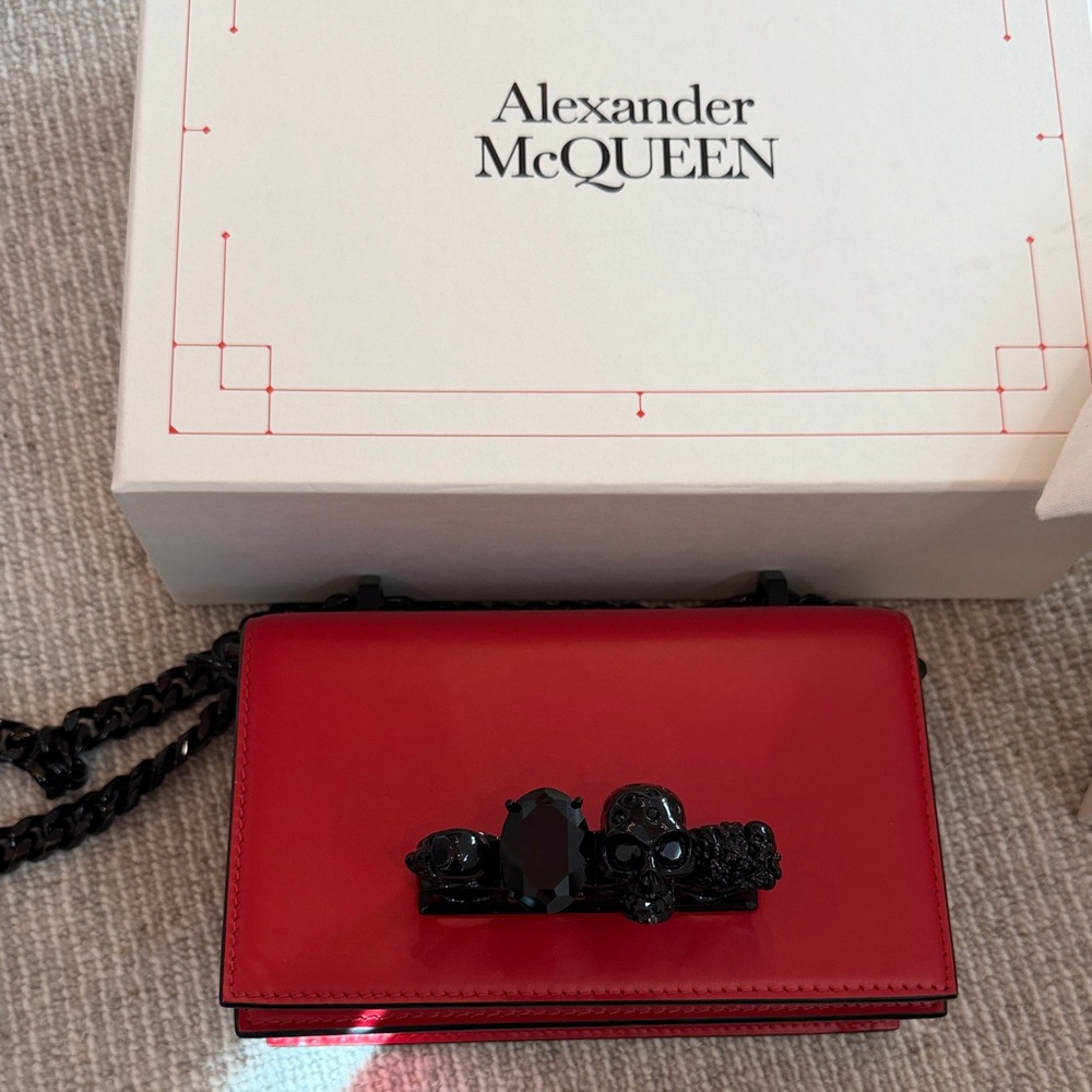 Red Crossbody Bag with Black sparkle Chain and Jewel Finger Accent